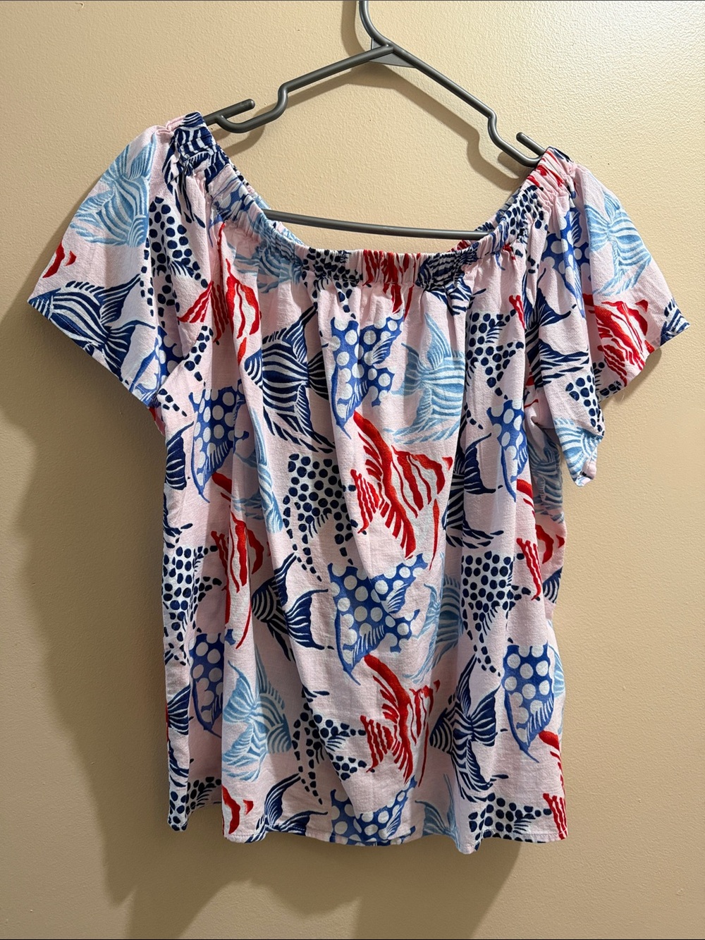 Women's Off-Shoulder Floral Tunic Top - Pink with Blue & Red Print